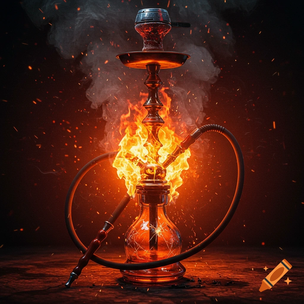 A hookah engulfed in flames and smoke, with sparks flying, on a dark background.