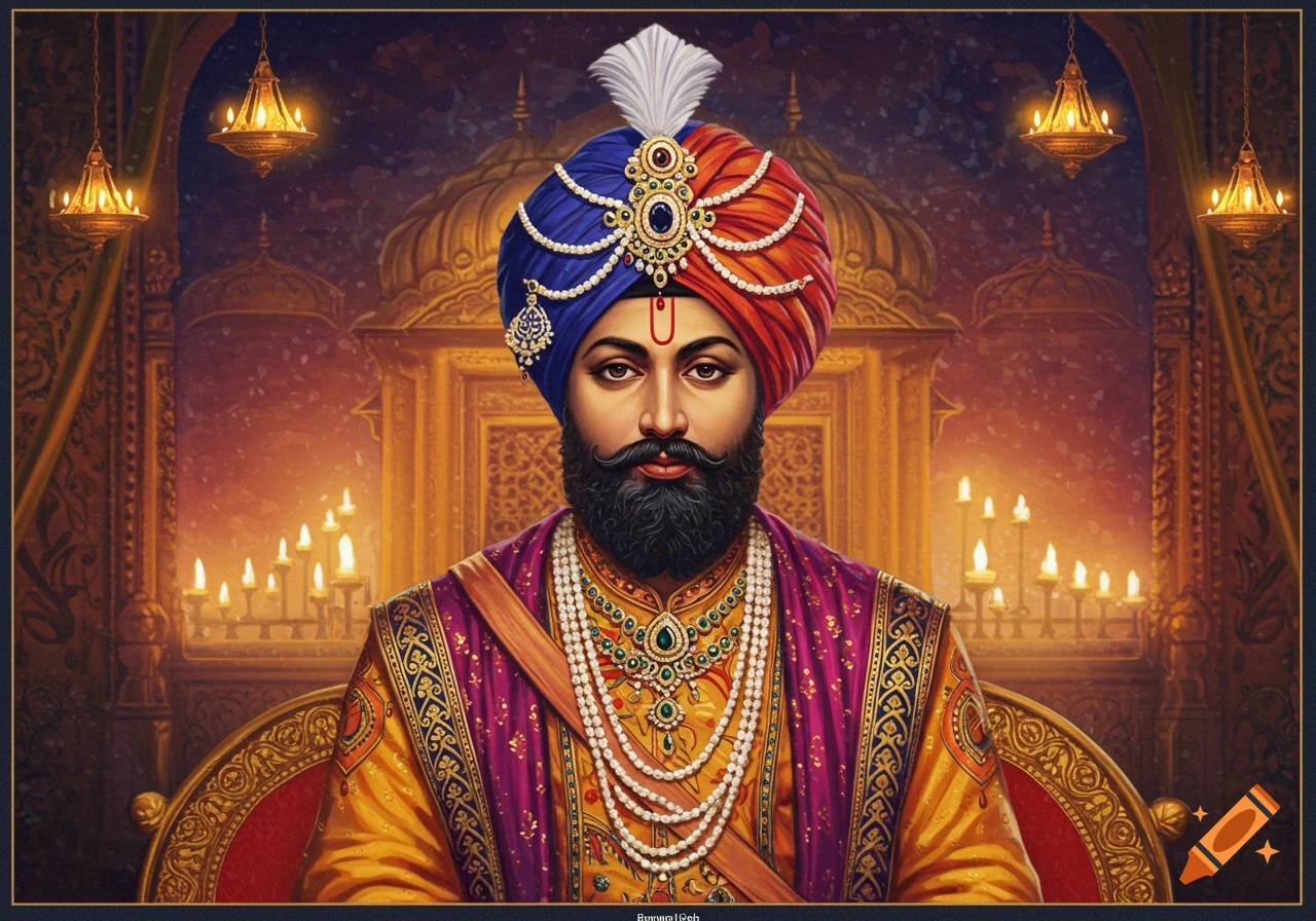Painting of a man in a blue and orange turban, regal gold and purple clothing, and jewelry, sitting in a grand hall with candles.