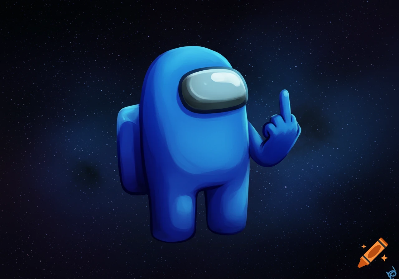 Blue Among Us character floating in space, giving the middle finger.