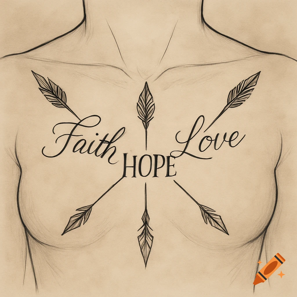 Sketch of a chest with a tattoo design featuring Faith, Love, and HOPE text and arrows.
