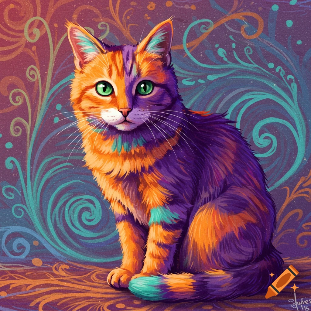 A vibrant, multi-colored cat with orange and purple fur sits against a swirling, abstract background.
