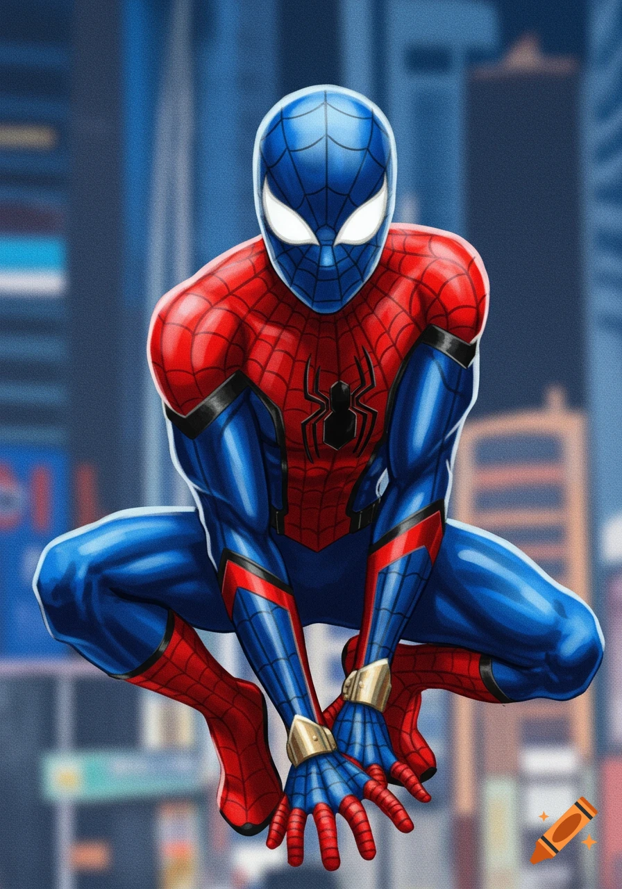 Illustration of Spider-Man crouching in a red and blue high-tech suit against a blurred cityscape.