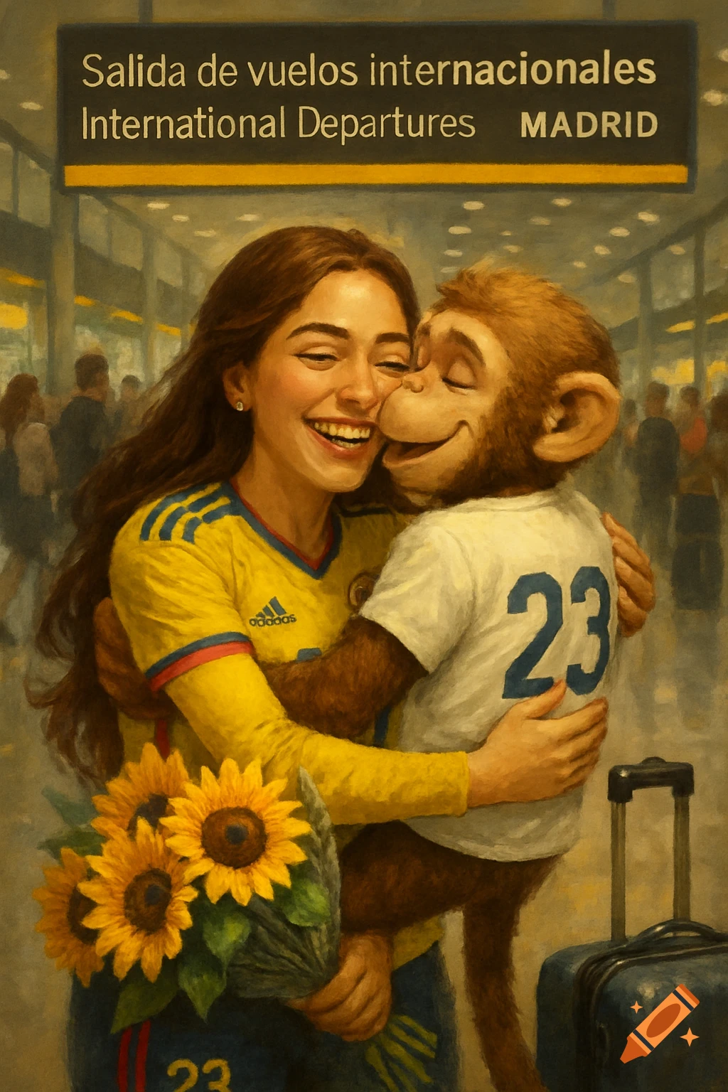 A woman in a yellow jersey hugs a monkey in a white jersey holding sunflowers in an airport terminal.