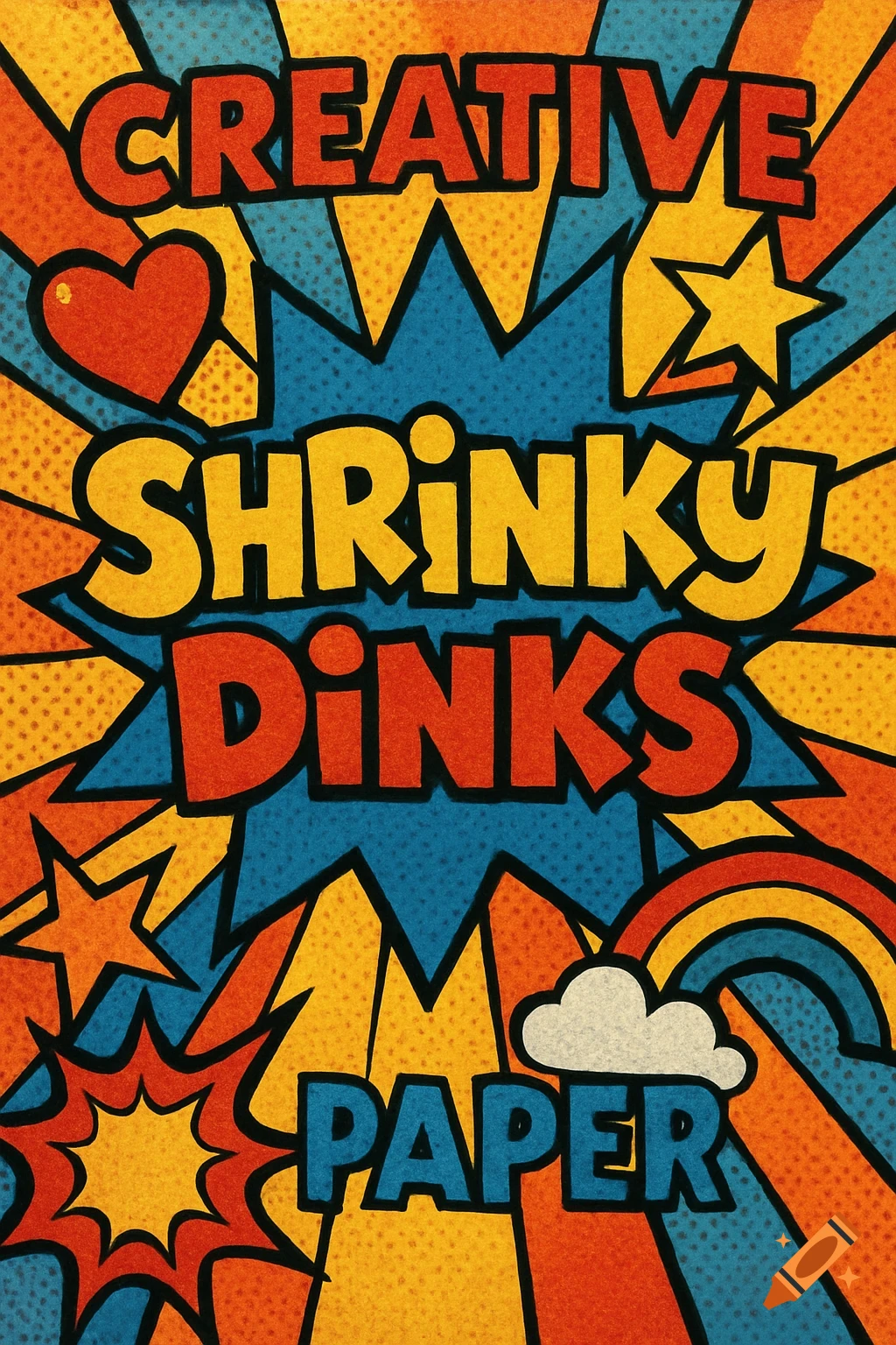 Creative Shrinky Dinks Paper logo in pop art style with stars, heart, and rainbow.