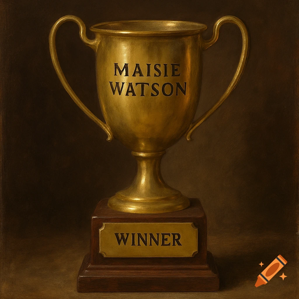 A still life painting of a golden trophy engraved with 'Maisie Watson' and 'Winner'.