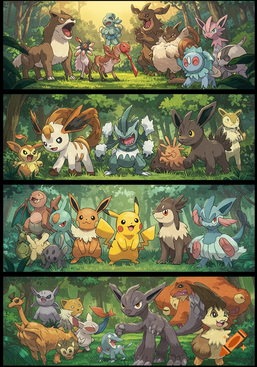 Illustrated scene of multiple Pokemon characters standing in a forest, divided into four panels.