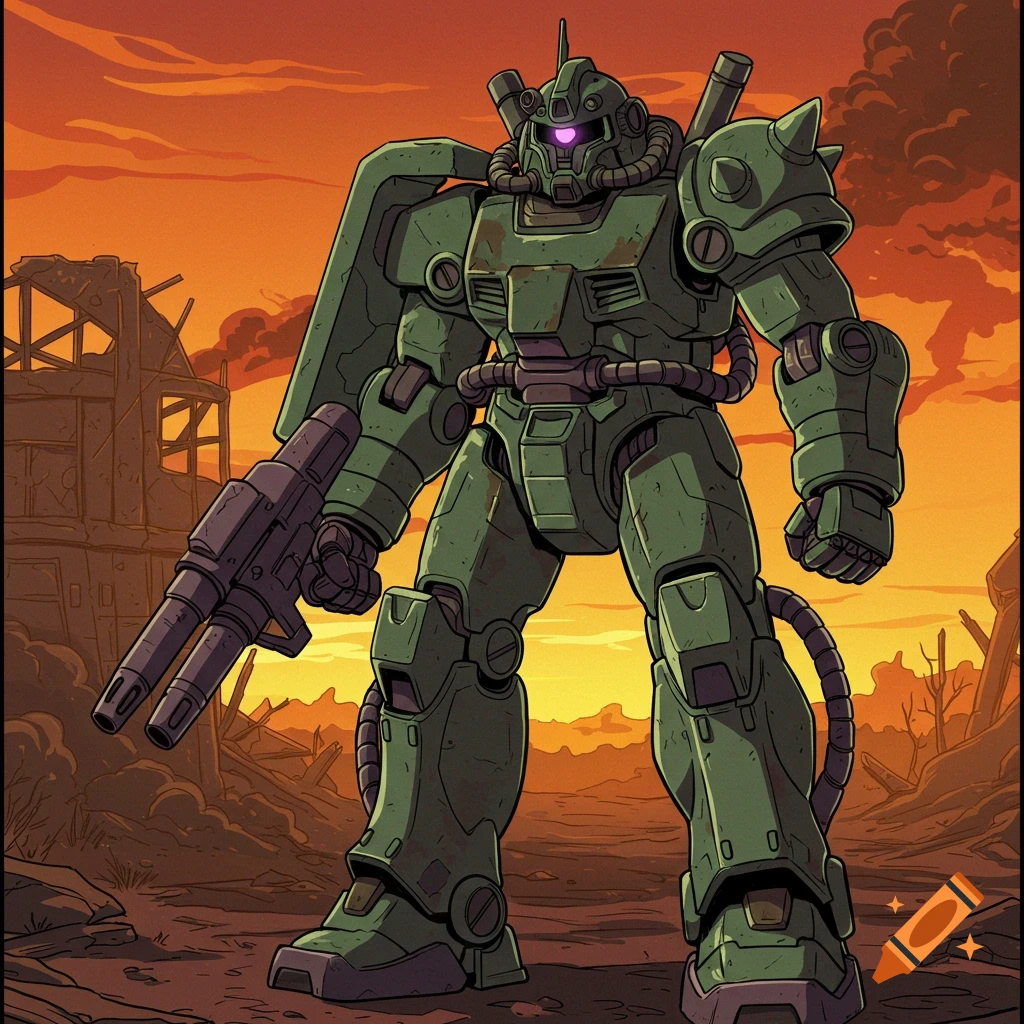 A green Zaku-style robot stands in a ruined city under an orange sky, holding a large weapon.