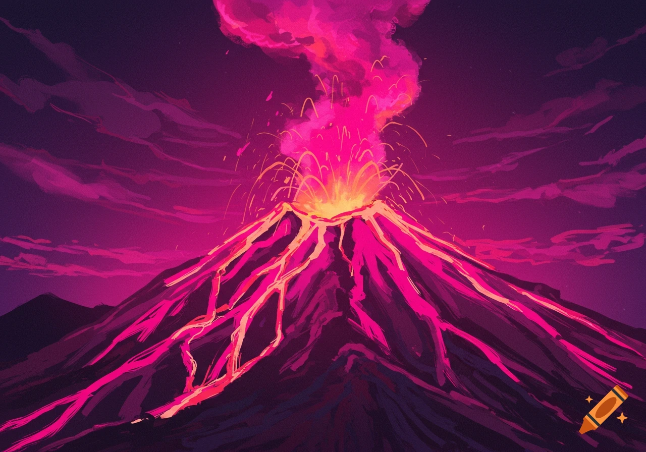 Stylized illustration of a pink and purple volcano erupting with bright lava flows and smoke against a dark sky.