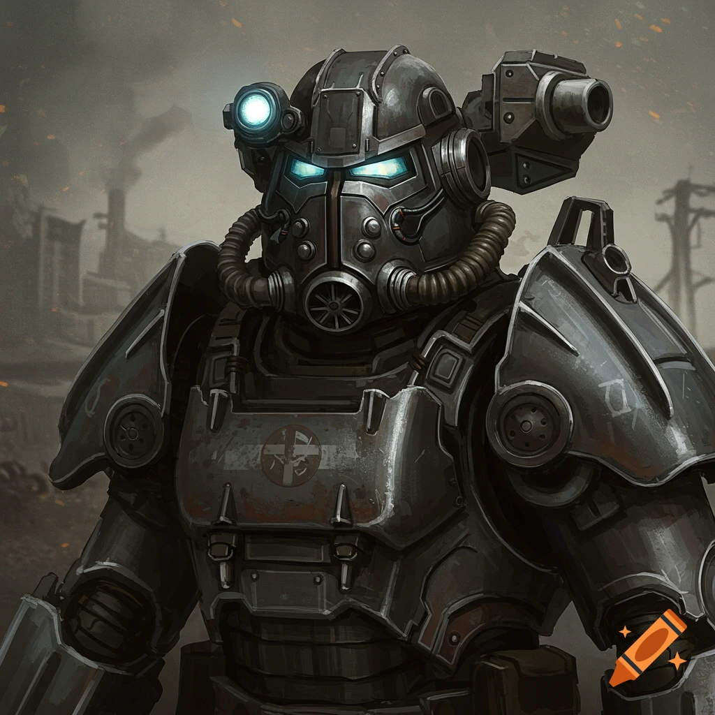 Close-up portrait of a character in T-60 power armor with glowing eyes and a shoulder weapon in a gritty, post-apocalyptic setting.