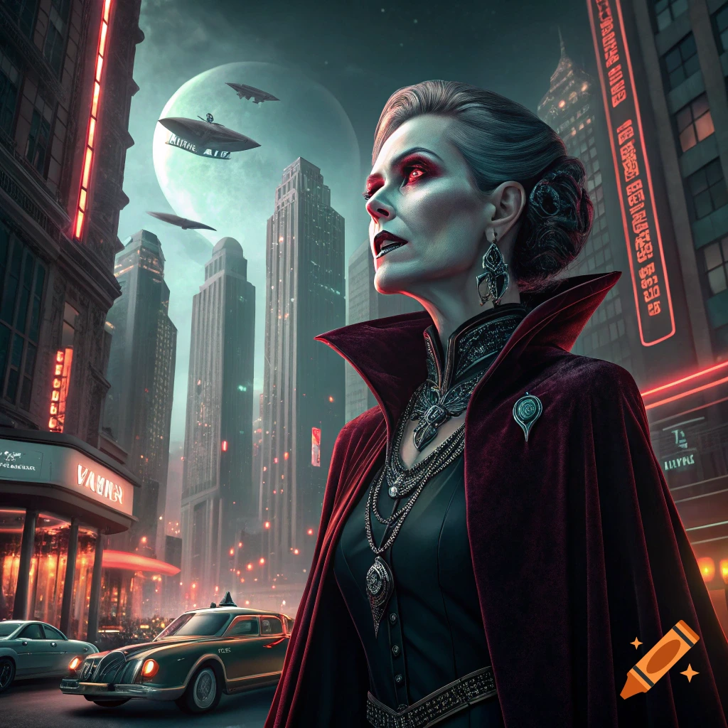 A vampire woman in a red cloak stands in a futuristic city street.