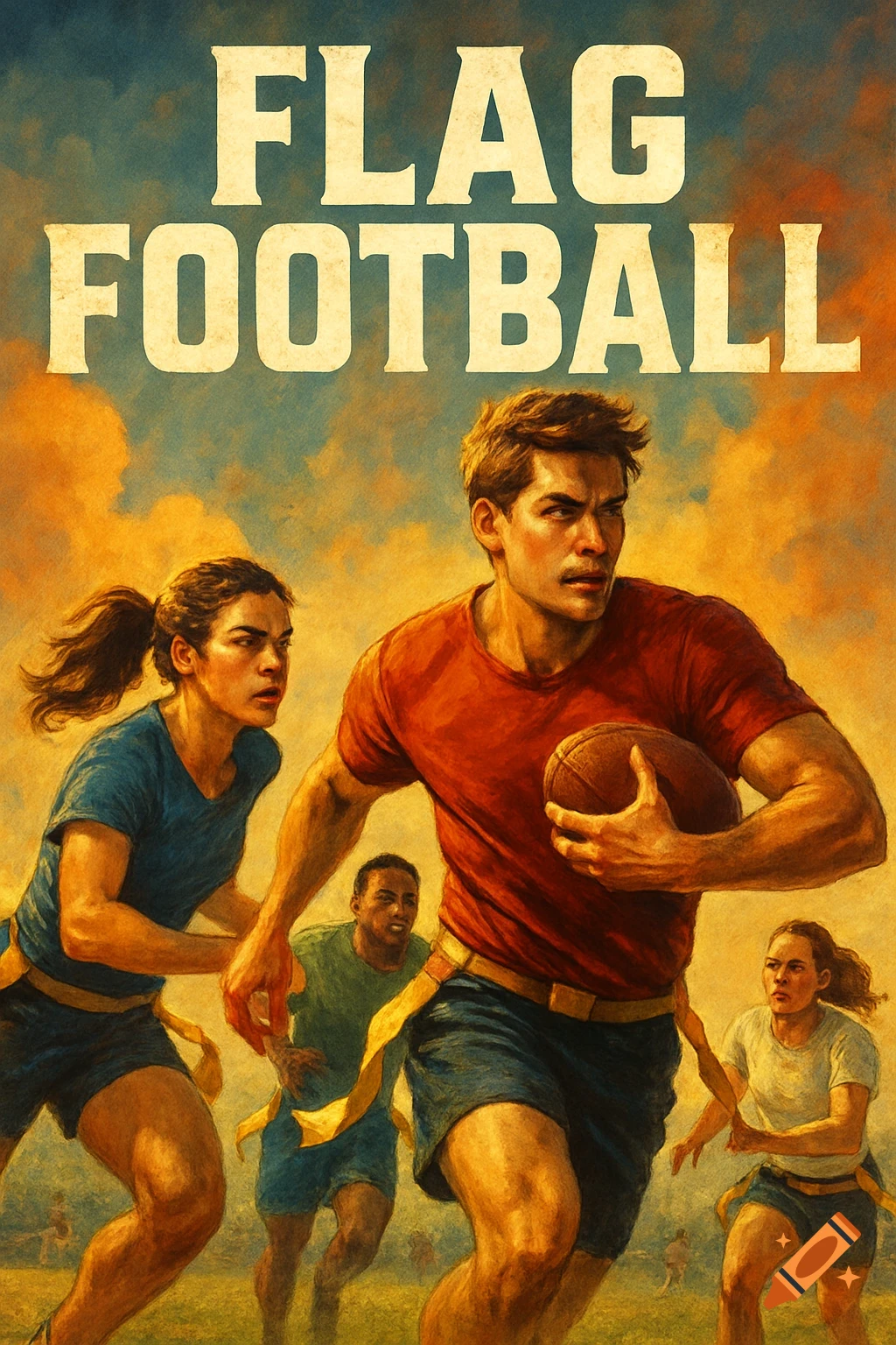 Illustration in a movie poster style showing people running and playing flag football. Text reads "FLAG FOOTBALL".