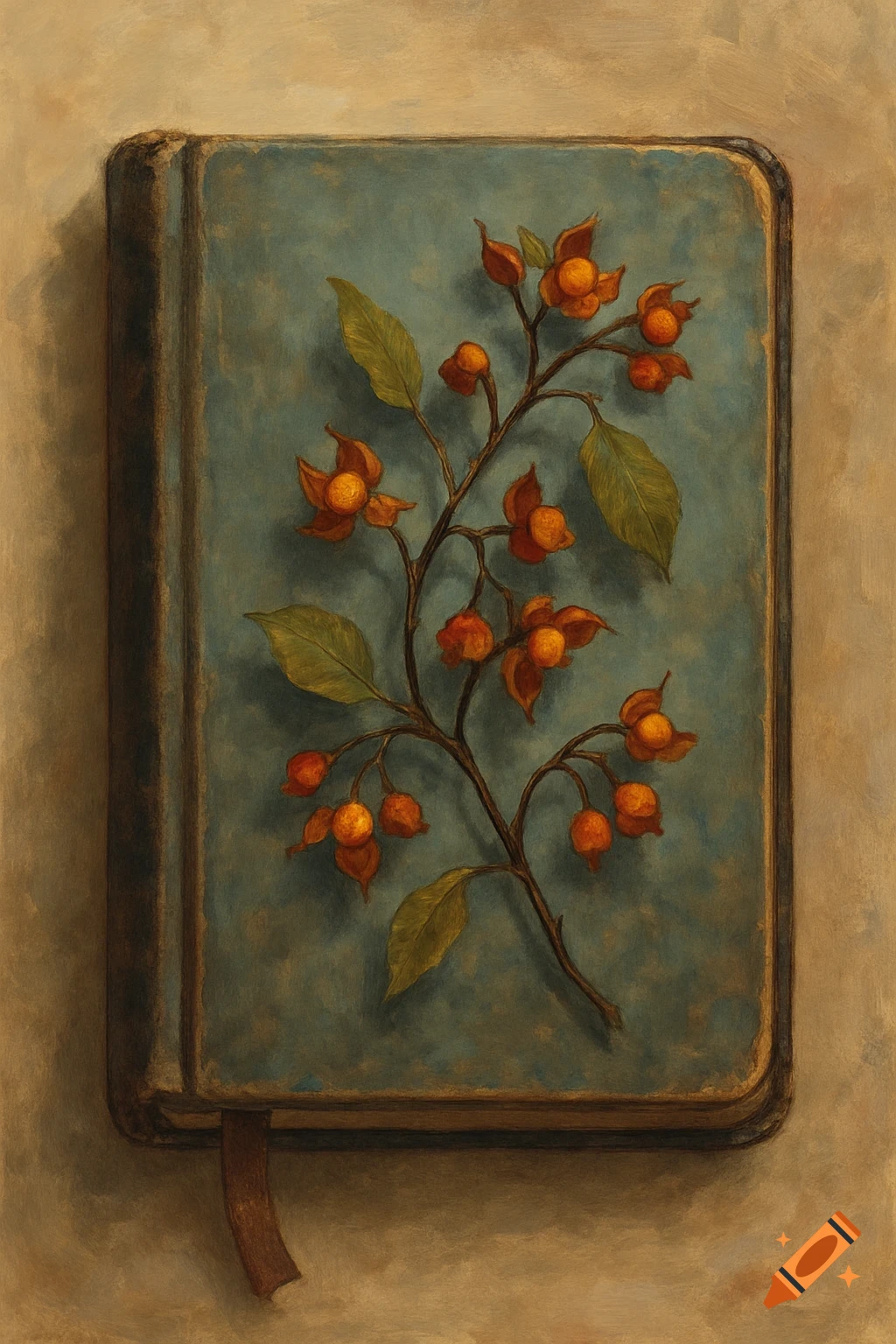 Painting of a book with a botanical illustration of orange berries and green leaves on the cover.