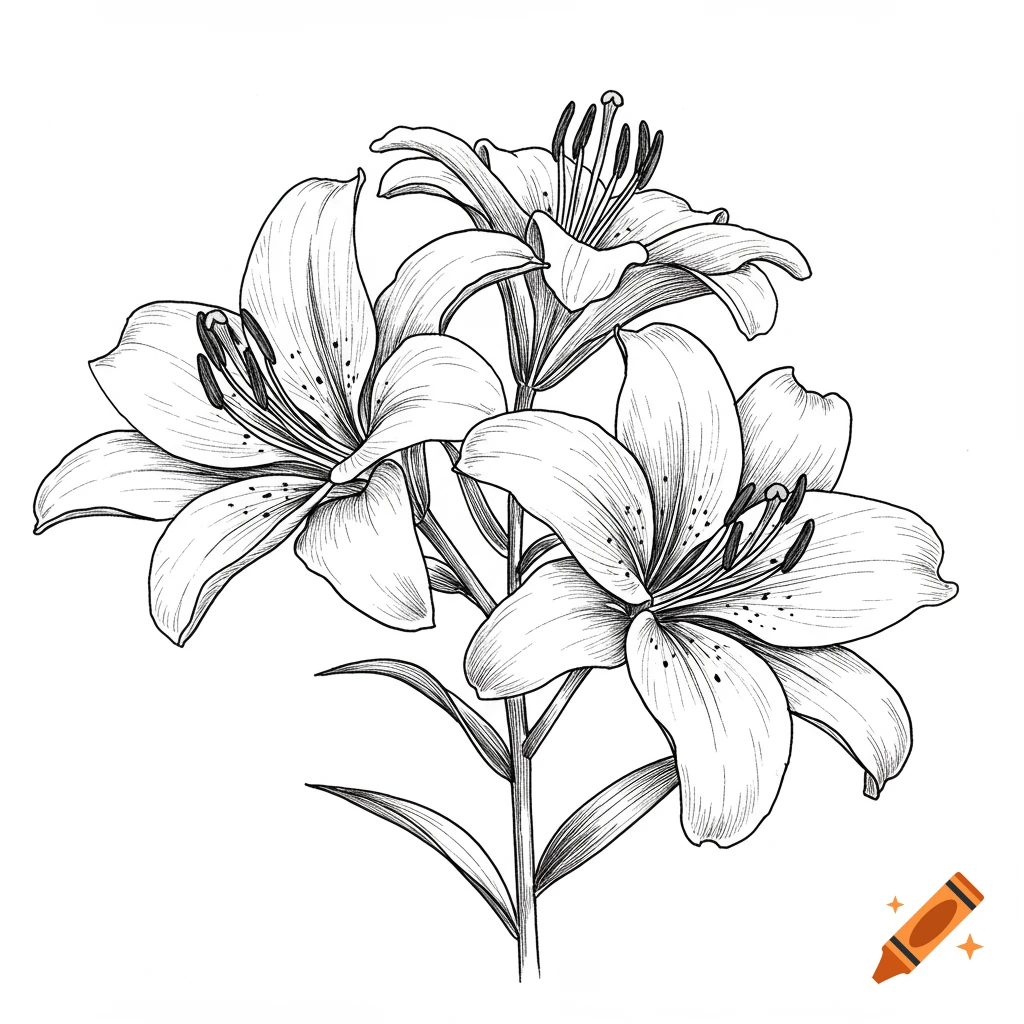 Black and white sketch of three lilies.