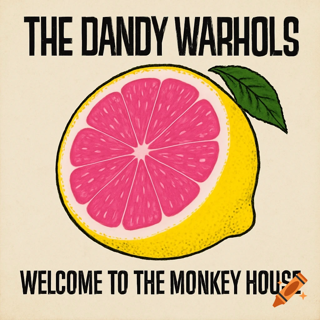Stylized illustration of a pink-centered lemon/grapefruit with band and album title text, like an album cover.