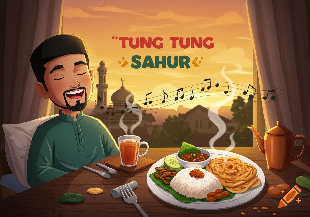 Stylized illustration of a man eating Sahur in front of a window with a mosque view, featuring text 'TUNG TUNG SAHUR'.