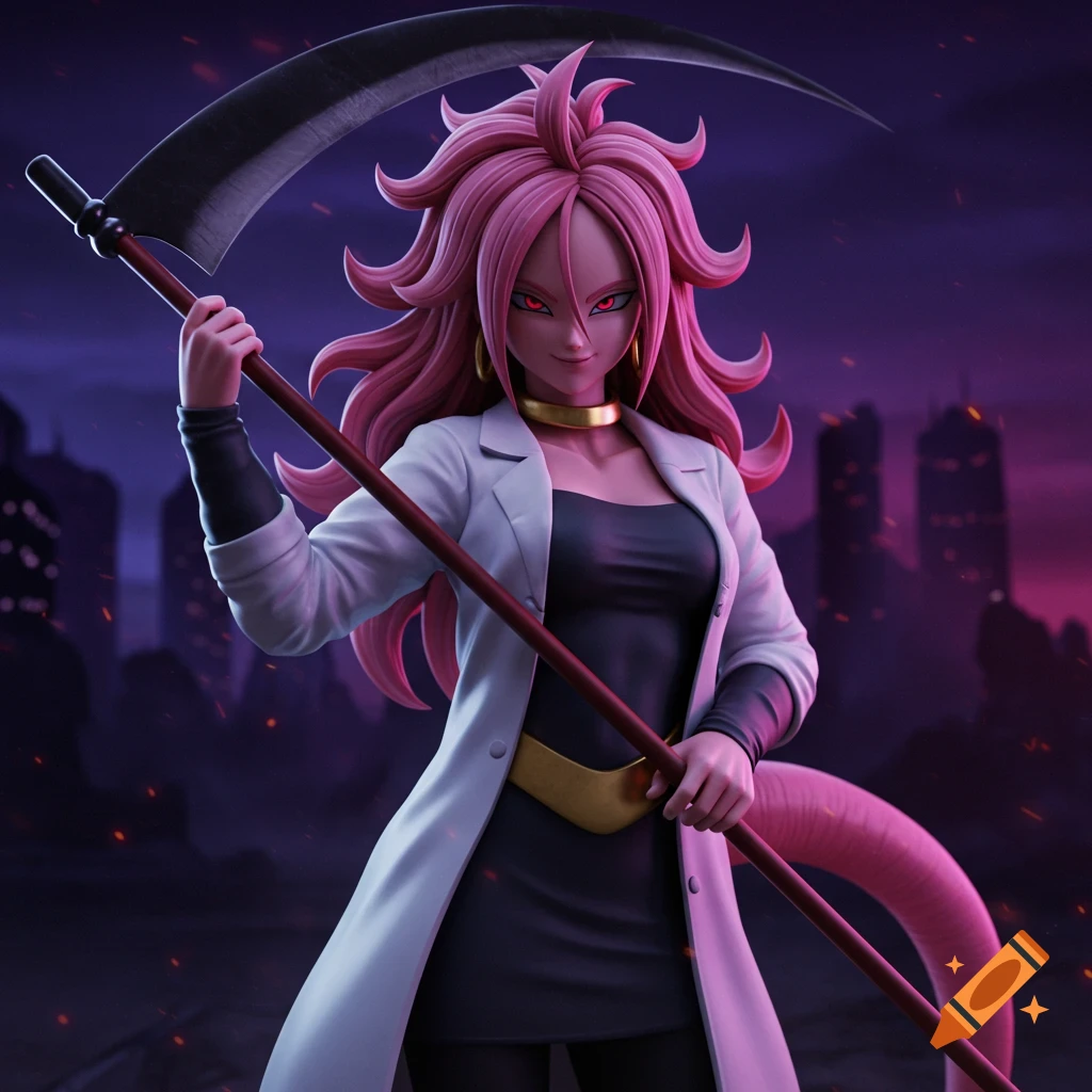Pink-haired anime character in a lab coat holding a scythe against a dark city background.