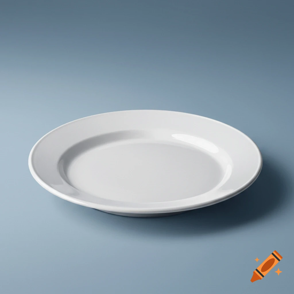 A white plate sits on a blue-grey surface.