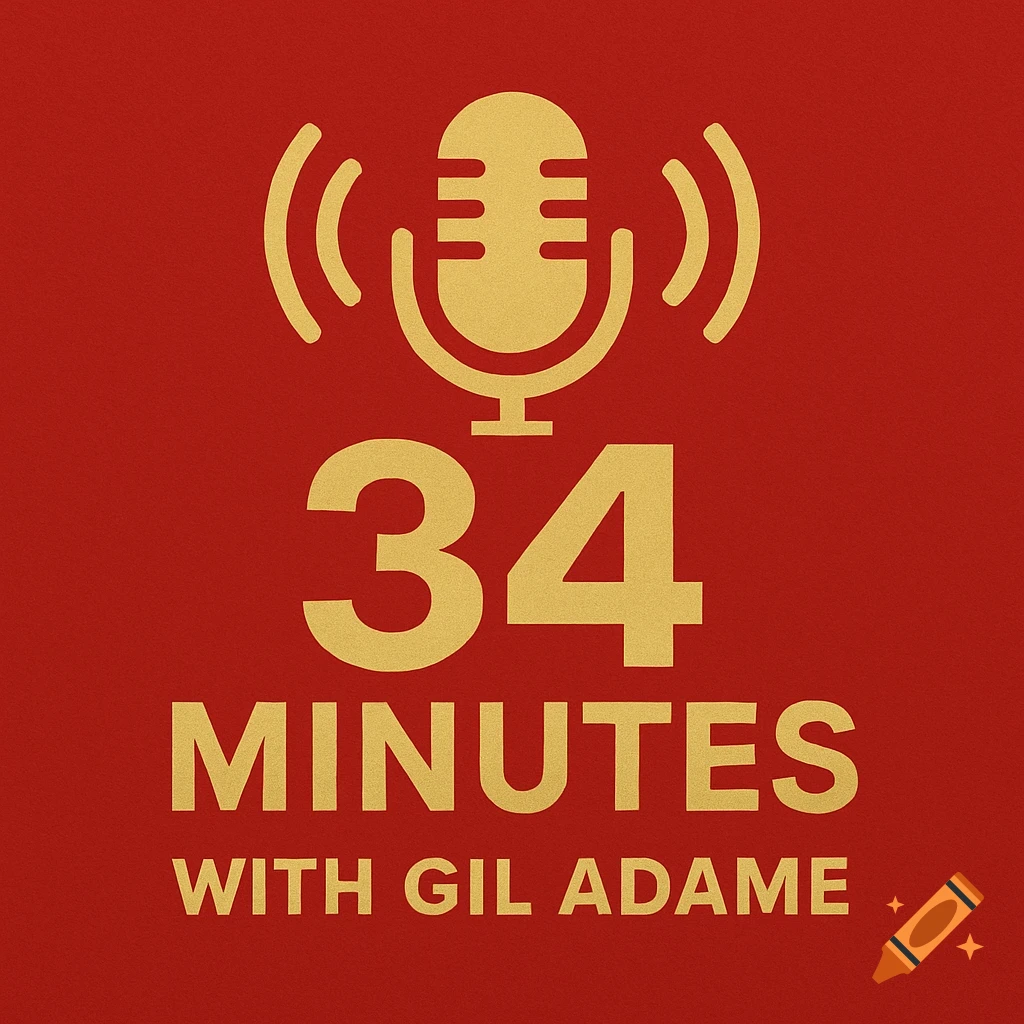 Podcast logo with gold microphone icon and text '34 MINUTES WITH GIL ADAME' on a red background