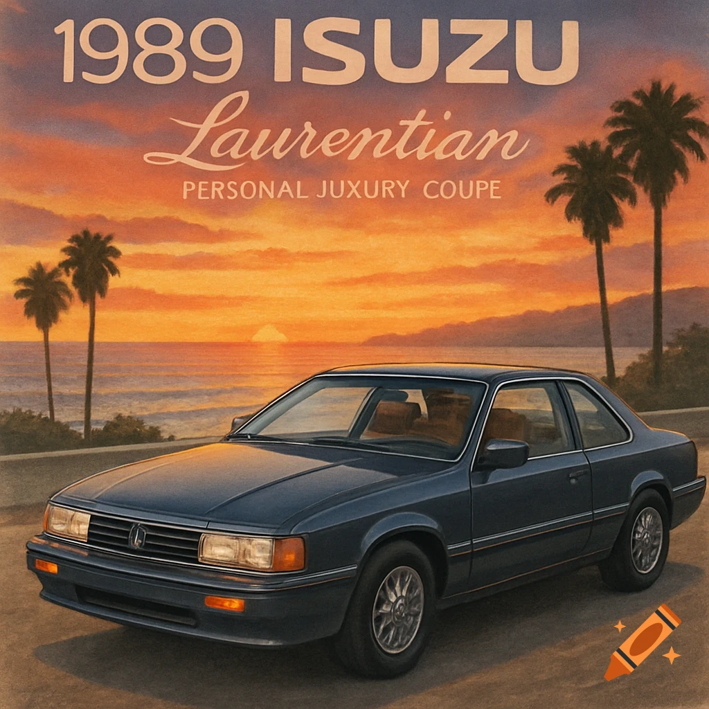 Vintage advertising art of a 1989 Isuzu Laurentian coupe by the ocean at sunset.