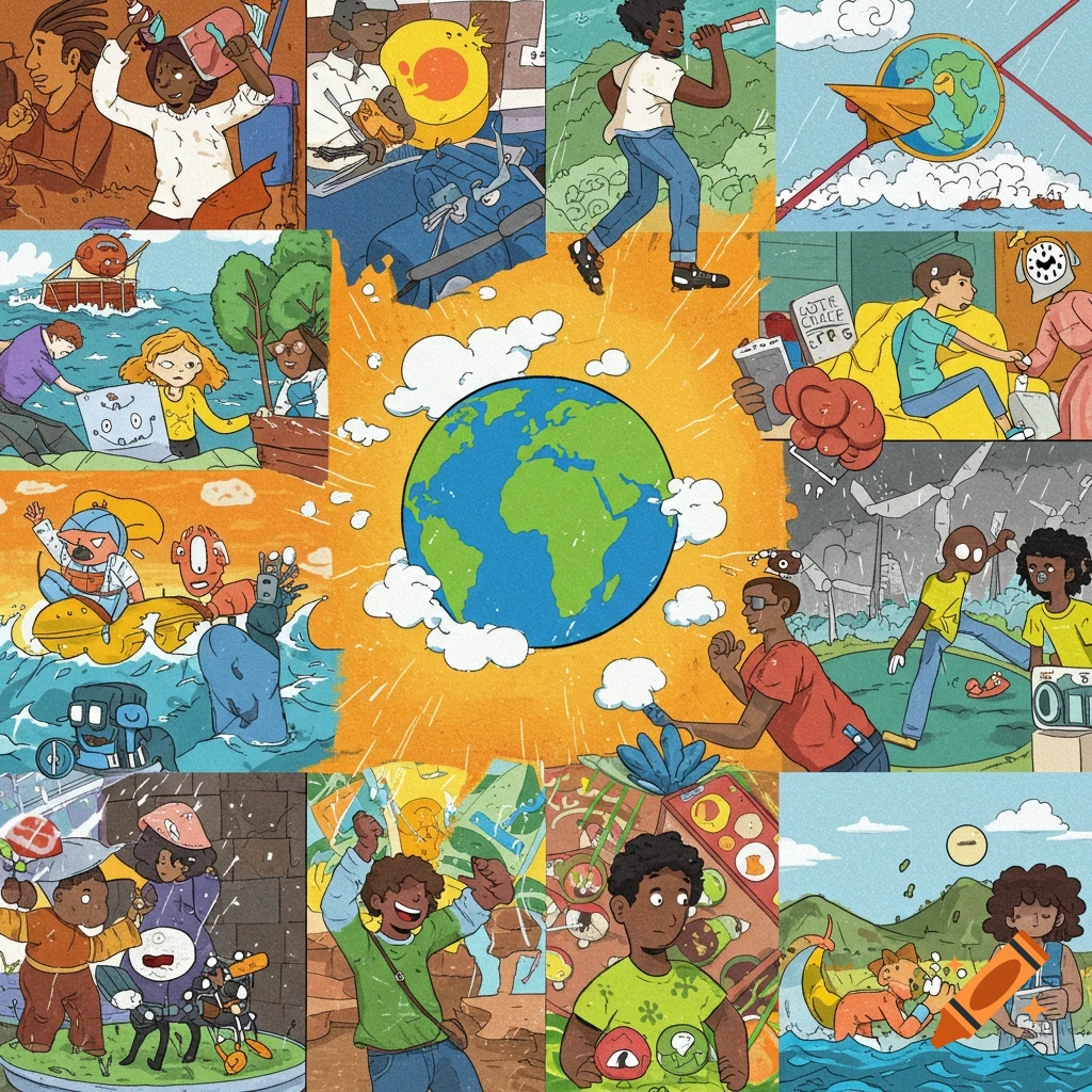 Cartoon collage centered on Earth, with panels depicting diverse people in environmental and climate-related scenes.