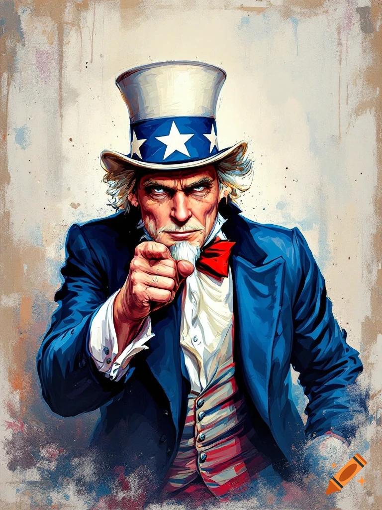Painterly illustration of Uncle Sam pointing directly at the viewer.