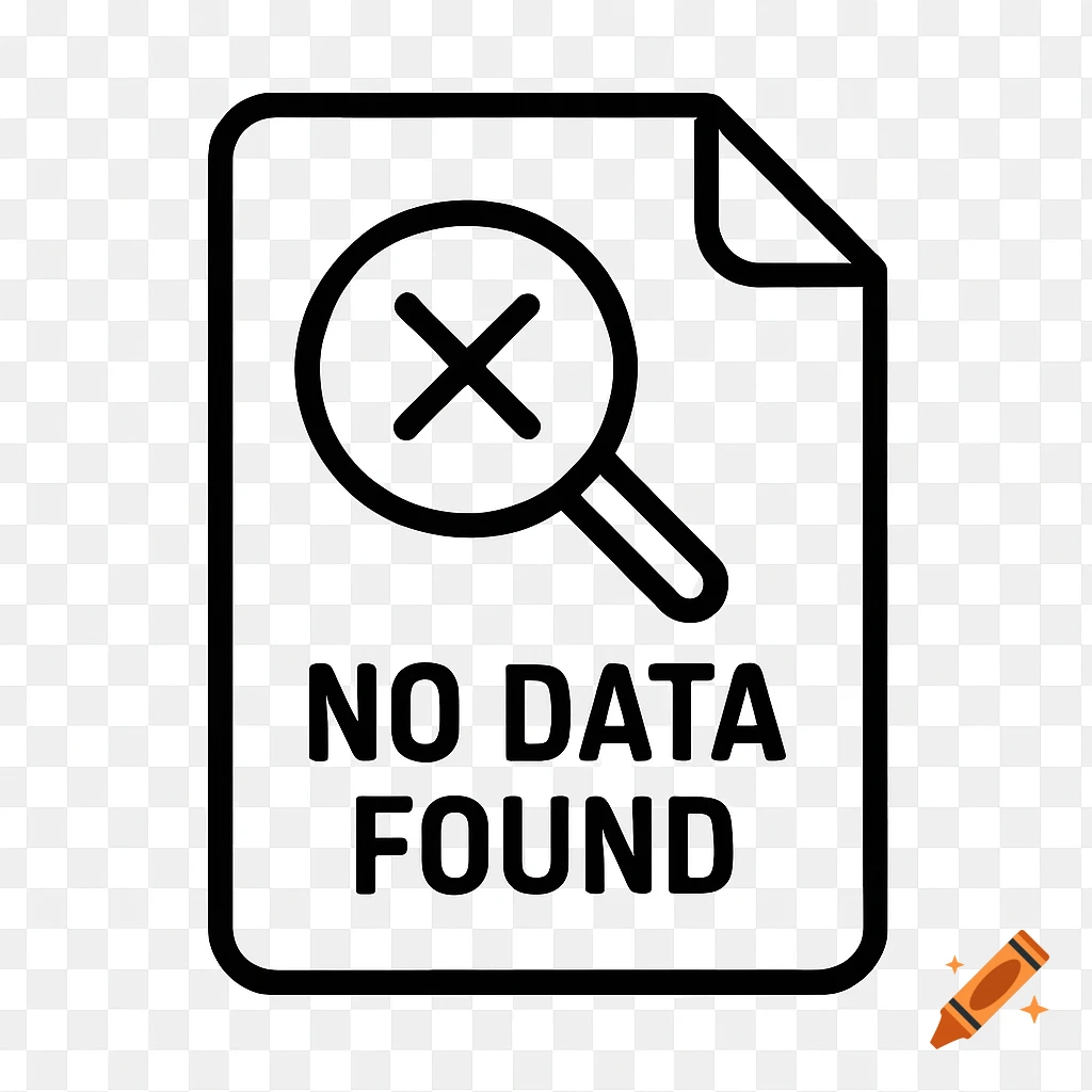 Black and white icon of a document with a magnifying glass and 'X' and the text 'NO DATA FOUND'.