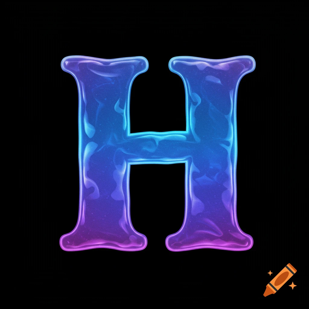 A capital letter H rendered in a glowing blue and purple liquid texture on a black background.