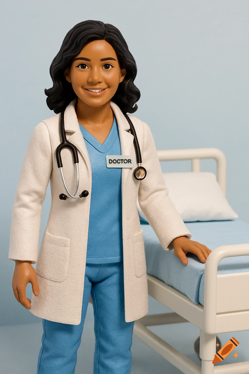 Action figure of a female doctor with a stethoscope, standing next to a hospital bed.