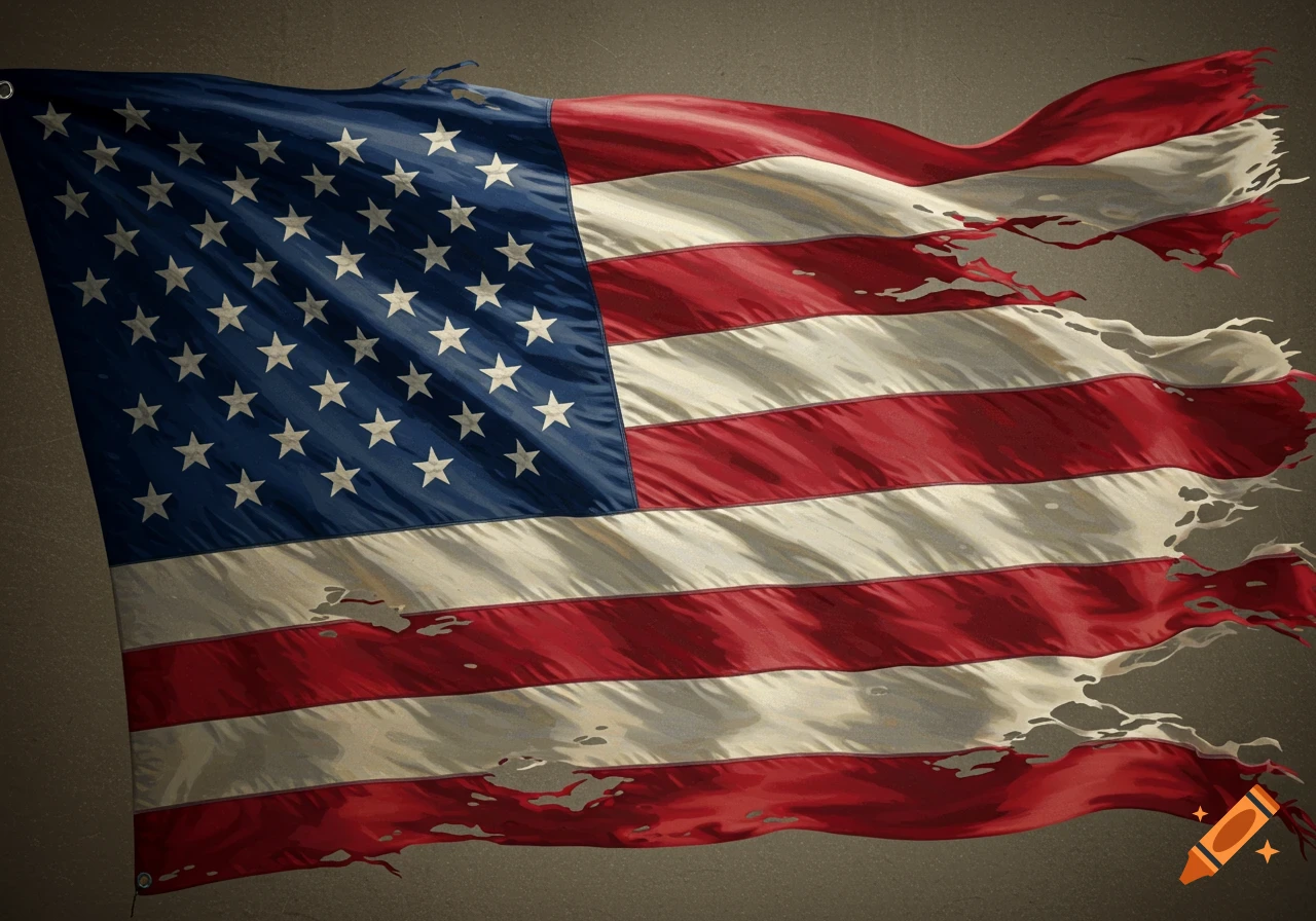A painting of a frayed American flag waving.