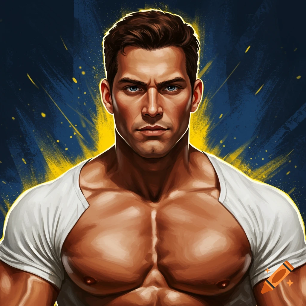 Close-up illustration of a muscular man in a white shirt with a yellow and blue painted background.