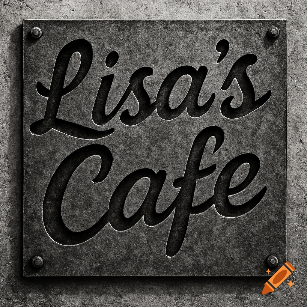 Black and white plasma cut metal sign saying "Lisa's Cafe"