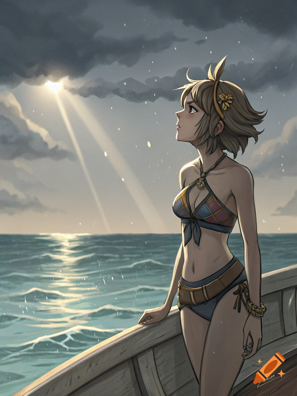 Anime woman in a bikini on a boat looking up at sunbeams through clouds.