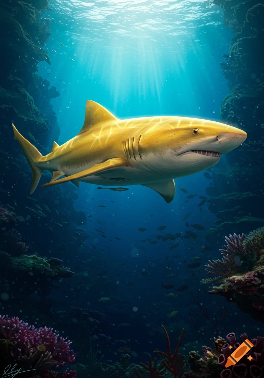 A golden yellow shark swims underwater near coral reefs with light rays from the surface.
