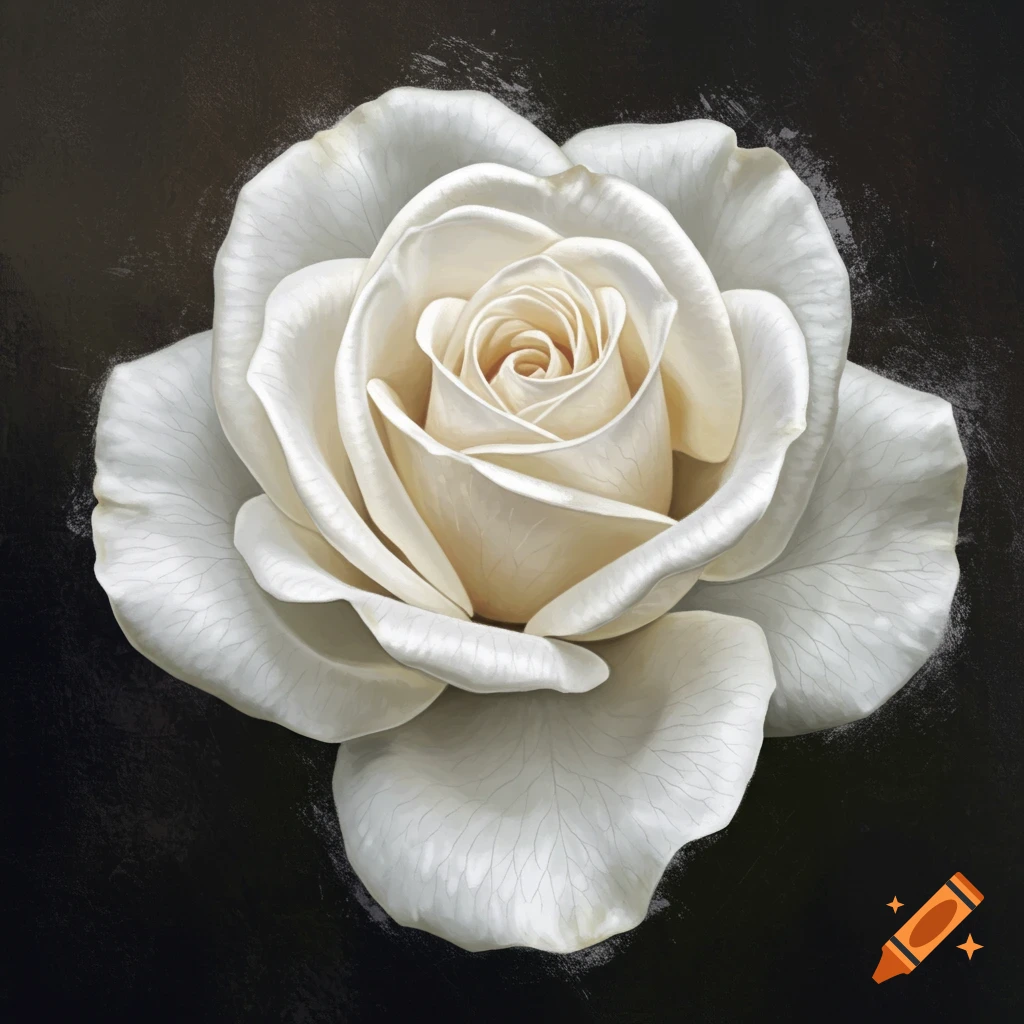 A detailed close-up painting of a white rose against a dark background.