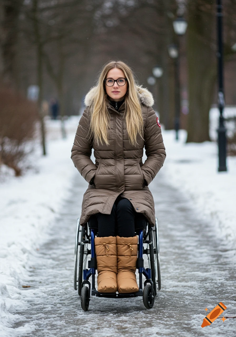 A woman in a wheelchair on a snowy path wearing a winter coat and boots.
