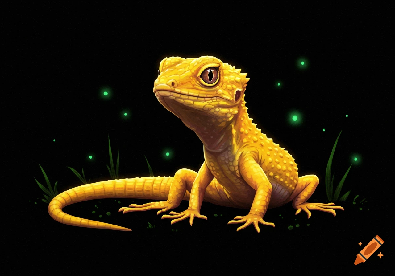 A stylized illustration of a yellow lizard side-eyeing the viewer, surrounded by glowing green dots and grass on a dark background.
