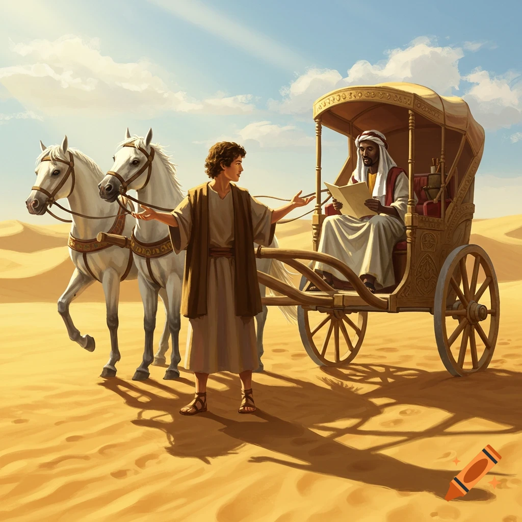 Illustration of a man speaking to another in a chariot pulled by horses in a desert.