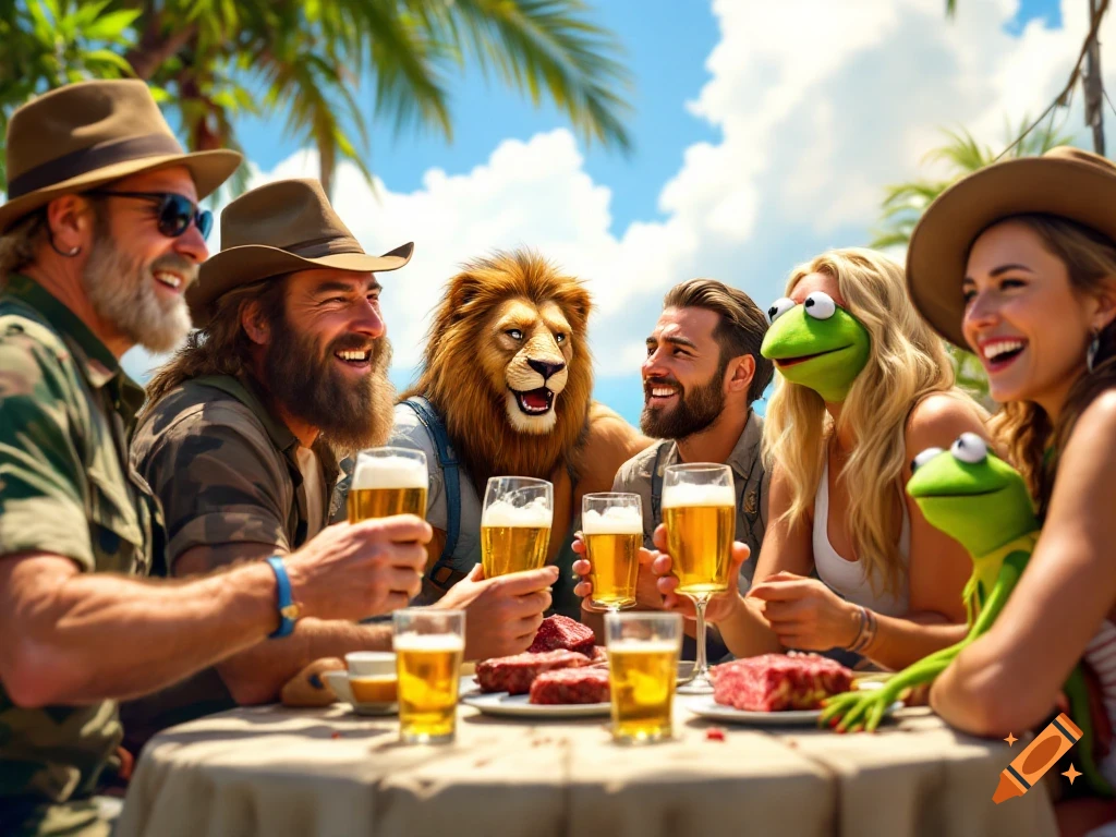A group of people and a lion character laughing and drinking beer at a table outdoors under palm trees.