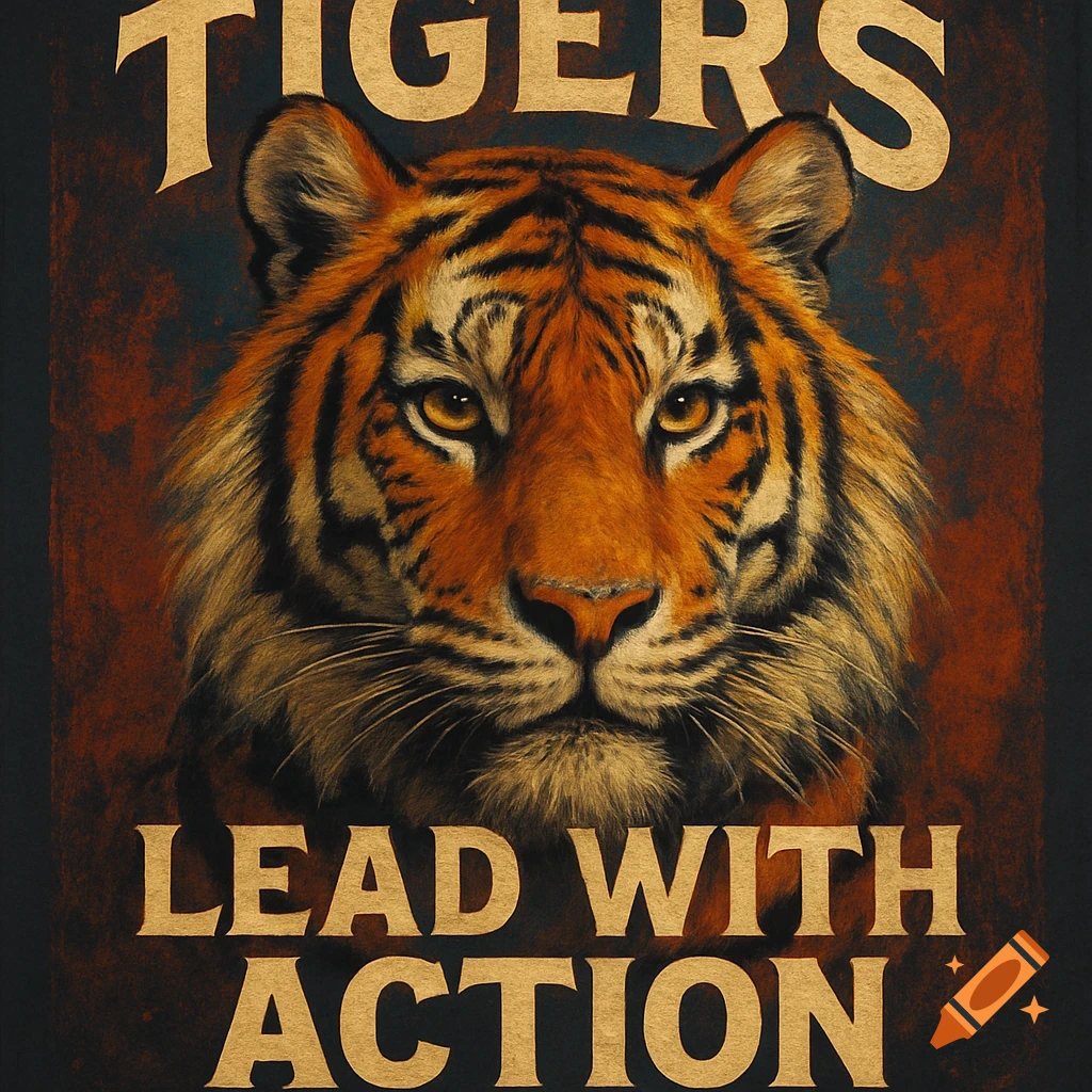 A close-up portrait of a tiger's face with the words "TIGERS" above and "LEAD WITH ACTION" below.