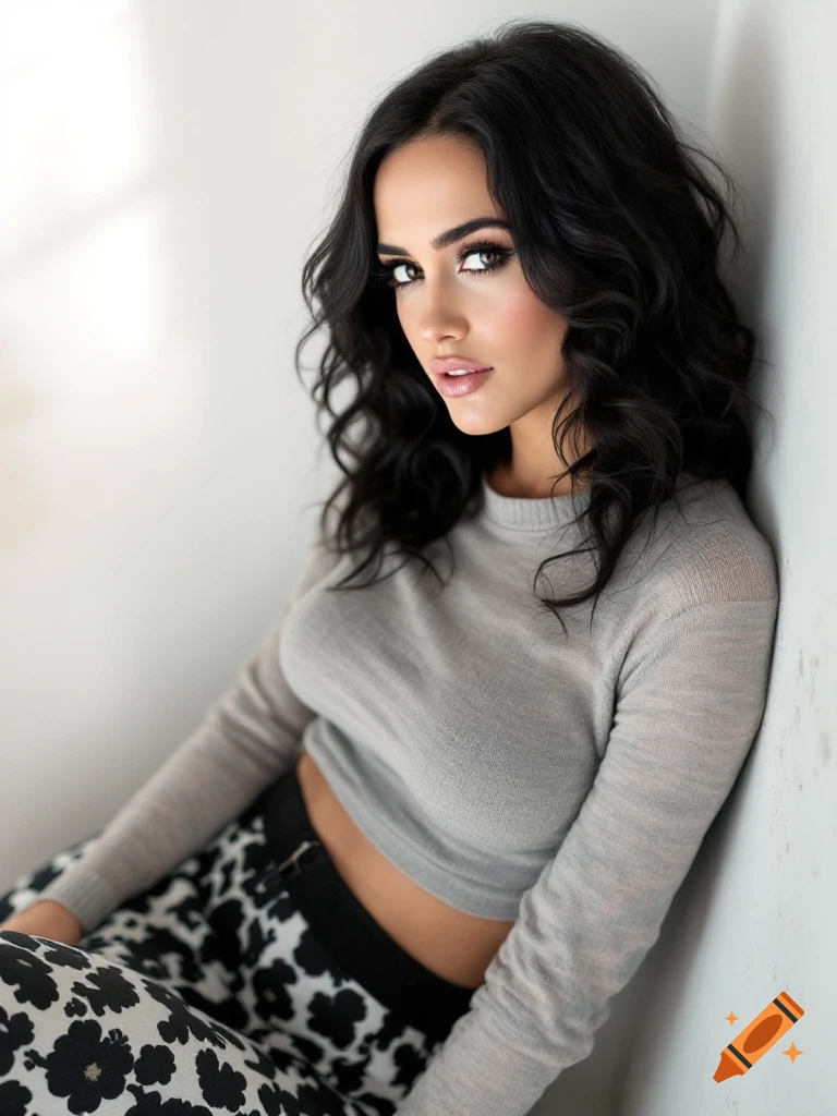 Woman with dark curly hair wearing a grey crop top and patterned pants leans against a wall in a portrait