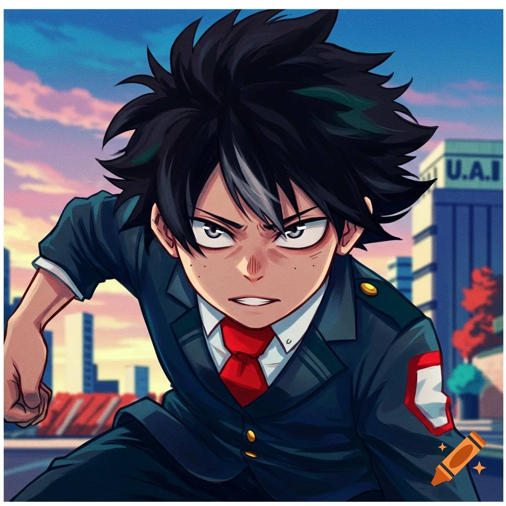 Anime portrait of a determined young man with dark spiky hair and white streaks, wearing a dark school uniform and red tie, in front of a building.