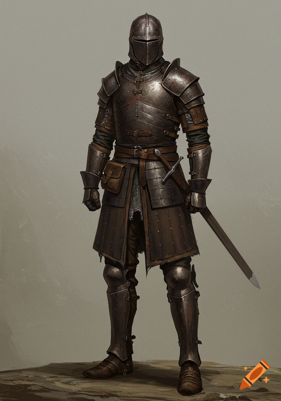 A full body digital painting of a dark knight standing in practical leather and metal armor, holding a sword.