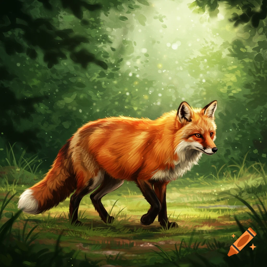 A red fox walks through a sunlit forest clearing in an illustrated ...