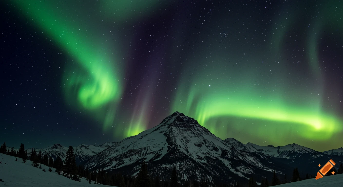 Green and purple aurora borealis lights up the night sky over snowy mountains.