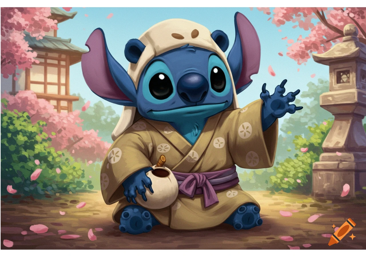 Stitch in a kimono sits among falling cherry blossoms near a Japanese lantern.