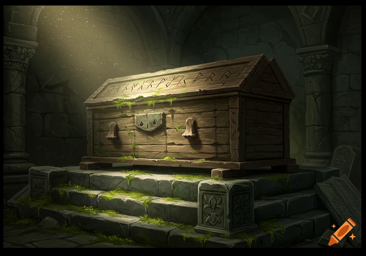 Creepy wooden sarcophagus with runes on a stone dais in a dusty dungeon with light rays.