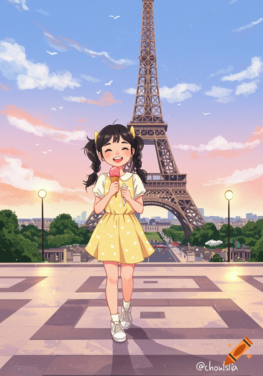 Smiling anime girl with ice cream in front of the Eiffel Tower in Paris illustration.
