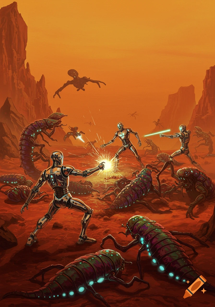 Sci-fi illustration of robots battling alien insects on a red planet.