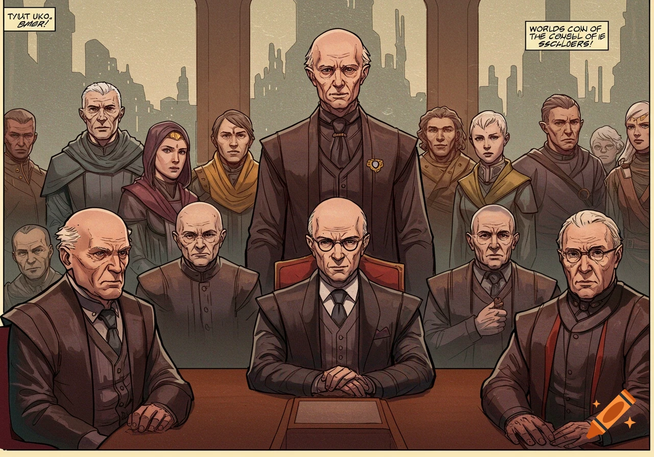 Comic art of a stern council of people in formal attire with a grim cityscape background.