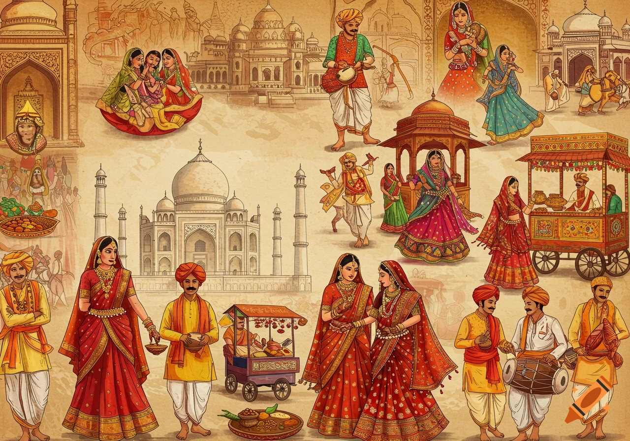 Illustration of Indian culture with people in traditional dress, Taj Mahal, architecture, musicians, and vendors.